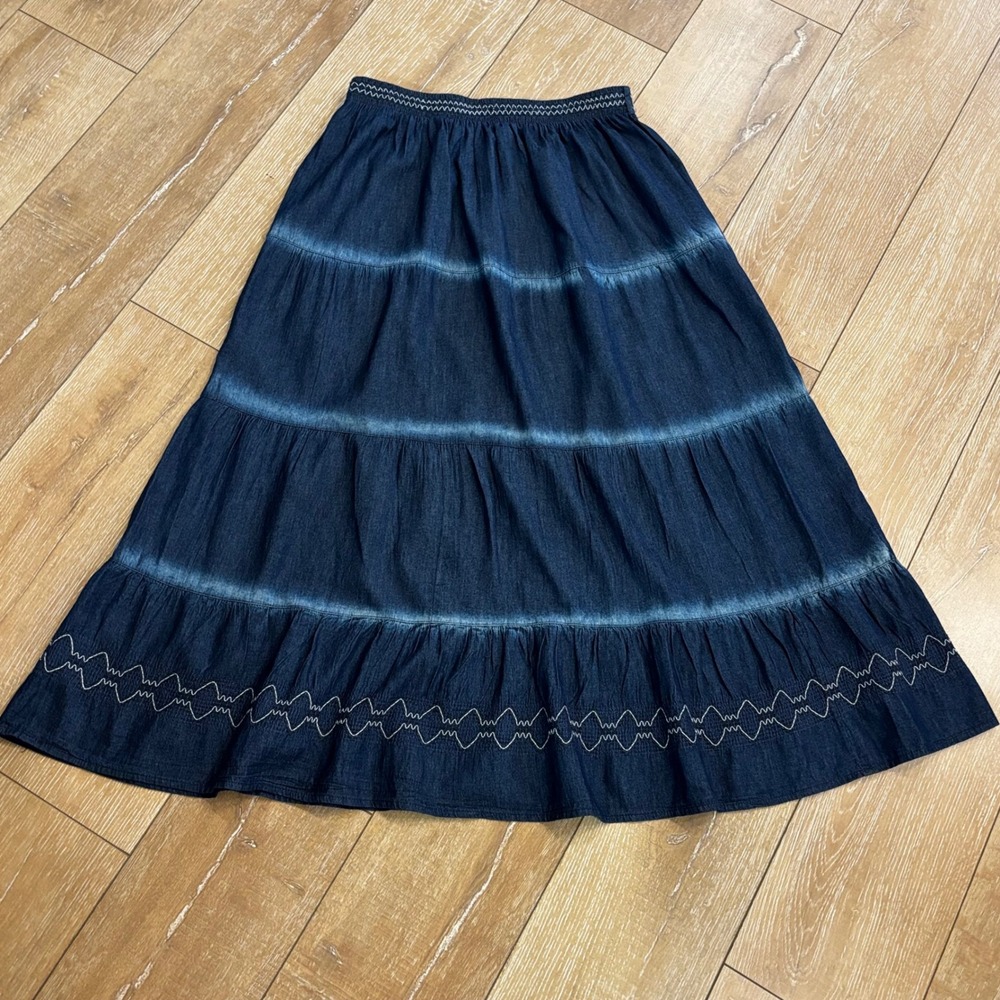 Indigo & Lace Denim Maxi Skirt XL Tiered Boho Embroidered Cotton Dark Wash